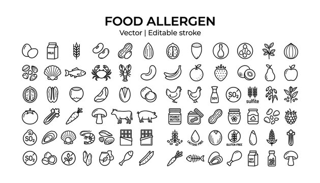 Food Allergen and Ingredient Sensitivity Line Art Icon Set Vector Graphic Design for Restaurant Menus Dietary Packaging Warning Labels and Healthcare Apps