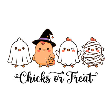 Cute Halloween Chicks in Costumes Vector Illustration with Chicks or Treat Text
