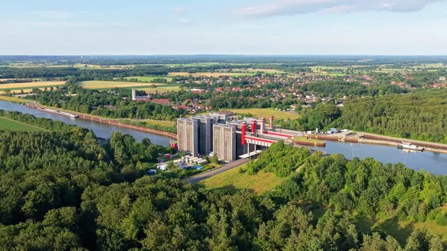 Engineering infrastructure with ship lift. Canal waterway transport, industrial construction, vessel transit and lift technology. Waterway engineering. Elevator technology
