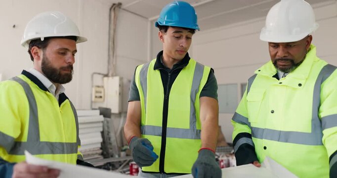 Document, blueprint and planning with construction team, men or layout for maintenance project. Paper, building design and people talking with engineer, schematic review and collaboration at site