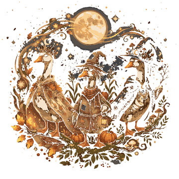 Autumn geese dressed as magical spirits with pumpkins and moon vector illustration