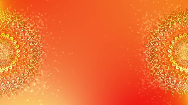 Bright orange Diwali background ornate golden mandala borders, soft bokeh particles, generous central copy space. festive greetings, wedding titles, invitations, banners, cultural promos, celebration