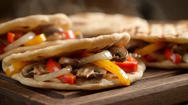 Steaming flatbread sandwiches with sauteed mushrooms and bell peppers