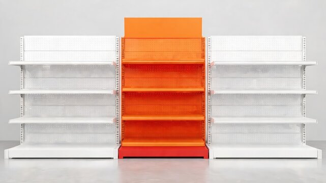 Empty supermarket gondola with orange central promotional display