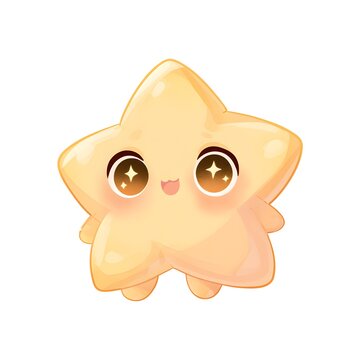 Cute kawaii baby star clip art, chubby five-pointed star character, oversized sparkling eyes, rosy cheeks, tiny arms and legs, soft pastel yellow and peach colors.