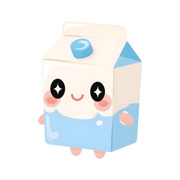 Cute kawaii baby milk carton clip art, tiny pastel milk carton character, big sparkling eyes, rosy cheeks, tiny arms and legs, sweet smiling expression.