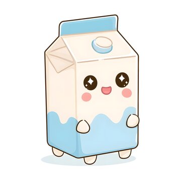 Cute kawaii baby milk carton clip art, tiny pastel milk carton character, big sparkling eyes, rosy cheeks, tiny arms and legs, sweet smiling expression.