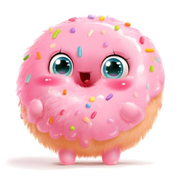 Cute kawaii baby donut clip art, round fluffy donut character with pastel pink glaze, big sparkling eyes, rosy cheeks, tiny arms and legs, colorful sprinkles.