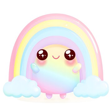 Cute kawaii baby rainbow clip art, tiny rounded rainbow character with soft pastel pink, yellow, blue and purple bands, oversized sparkling eyes.