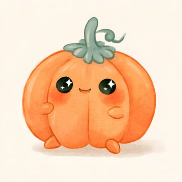 Cute kawaii baby pumpkin clip art, tiny round pumpkin character, big sparkling eyes, rosy cheeks, tiny arms and legs, sweet smile, soft orange and sage green palette.