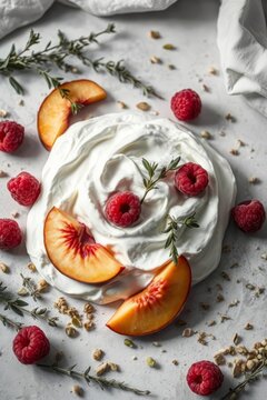 Top down view of Pavlova meringue dessert topped with whipped cream, peaches, and raspberries