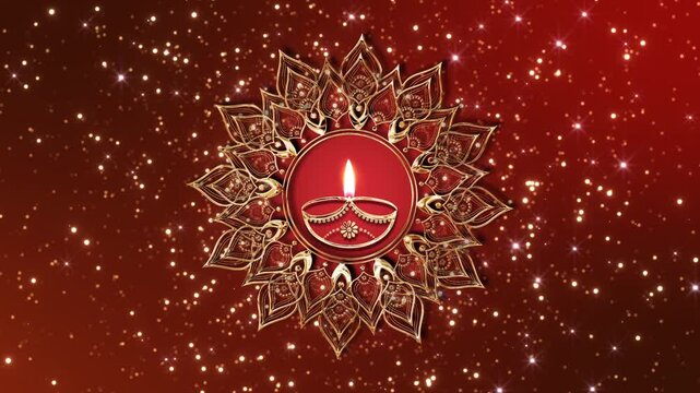 Luxury Diwali diya glowing inside an ornate golden mandala red festive tones, bokeh particles, sparkling stars. greetings, invitations, cultural promos, festival intros, spiritual events, celebration