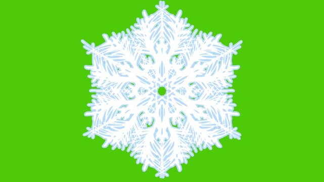 Detailed frozen snowflake green screen rotating and shimmering, perfect for winter and Christmas themed video projects, holiday intros and festive designs.