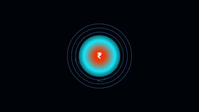 Indian rupee symbol glowing inside futuristic circular energy orbits on black ground.