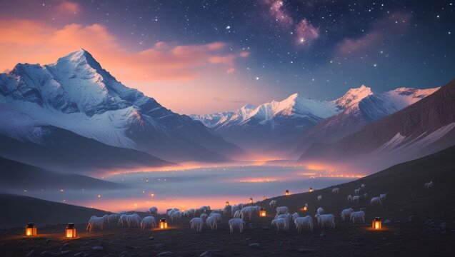 Breathtaking Alpine Mountain Landscape At Sunset With Snow Capped Peaks Milky Way Starry Sky Morning Fog In Valley Glowing Oil Lanterns And Herd Of Sheep Grazing