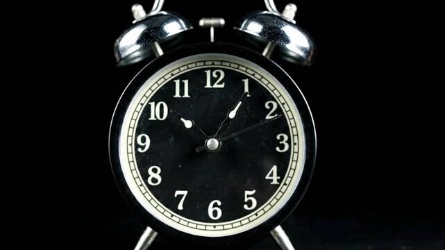 Vintage Twin Bell Alarm Clock Isolated On Black Background Time Management Countdown Motion Video Stock Footage