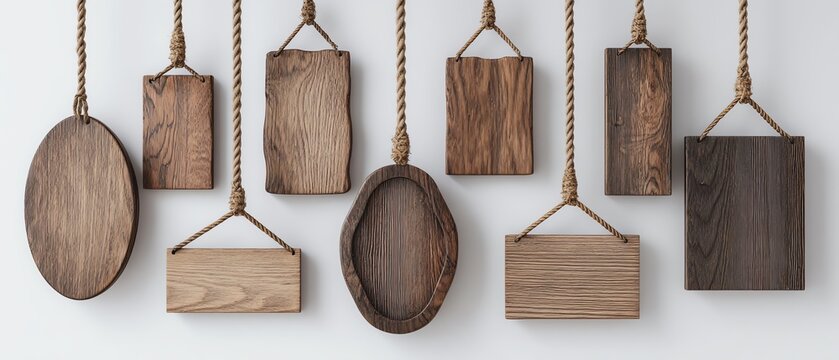 Various wooden signs hanging creatively.