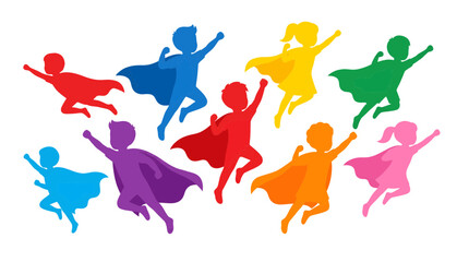Obraz premium Group of Happy Multicolored Children Dancing and Jumping JoyfullyKids Dance Party and Energetic Silhouette Vector IllustrationColorful Silhouettes of Jumping Children for Party a