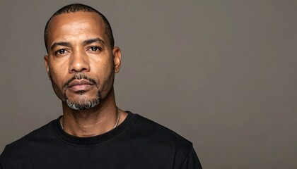 Obraz premium Serious African American man in a black t-shirt posing against a neutral gray background for a portrait