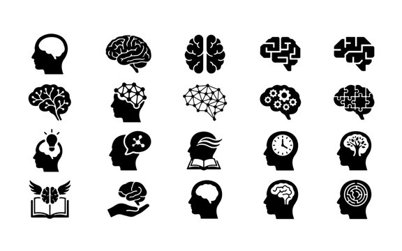 Collection of diverse brain icons representing intelligence thought processes mental health and neurological concepts in a modern style