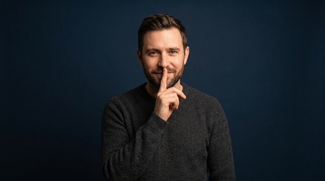 Man with beard making shhh silent gesture with finger on lips on dark blue background