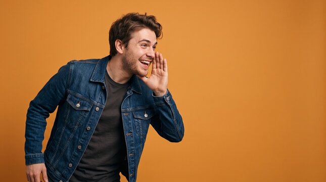 Young man cupping hand around mouth shouting or whispering on orange background