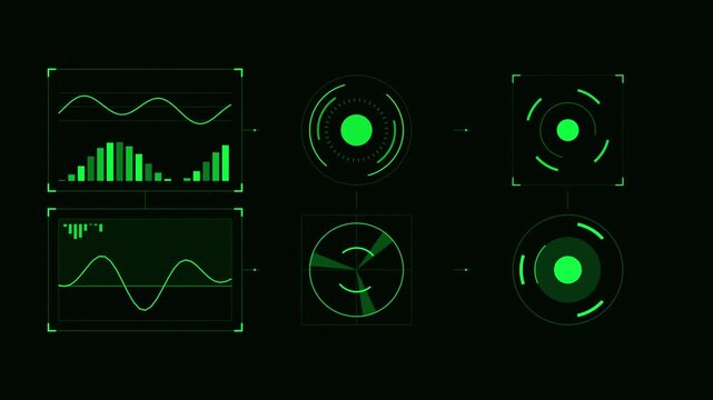 Green digital radar interface with data charts and scanning circles on black screen.