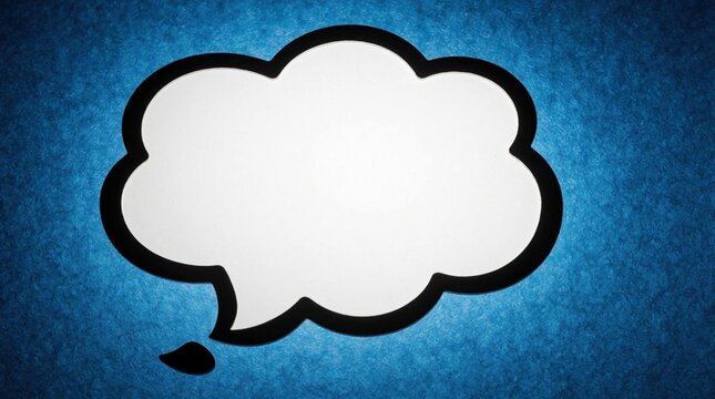Empty white thought bubble with black border sits on textured blue background. Space for text invites ideas, messages or conversation prompts for creative projects and design.