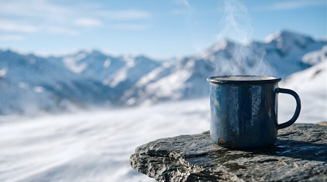 Steaming metal mug on mountain rock with snowy peaks in winter outdoors