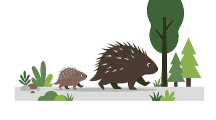 Porcupine family walking in minimalist forest vector illustration