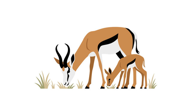 Flat vector illustration of a springbok mother and calf grazing