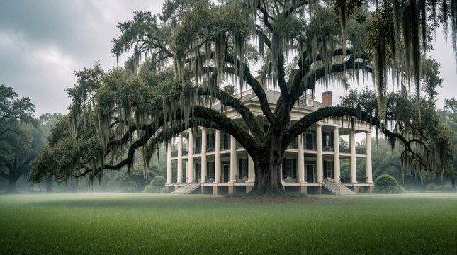 Large oak tree with hanging spanish moss stands in front of historic mansion. Grand old southern house features white columns, large porch. Foggy morning atmosphere in rural estate garden. Beautiful