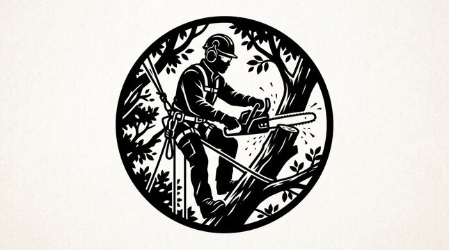 Vintage lumberjack emblem, chainsaw tree cutting badge, forestry artisan logo, woodman worker round symbol, arborist icon design, professional arboriculture monochrome label