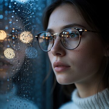 Young brunette woman wearing round glasses looks out rainy window. Sad female person stares through wet glass with raindrops. Close up face of girl with freckles in moody atmosphere. Melancholy mood