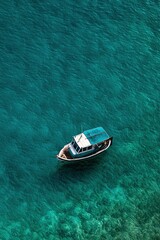 Fototapeta premium Leisure boat floating on clear turquoise coastal water aerial view