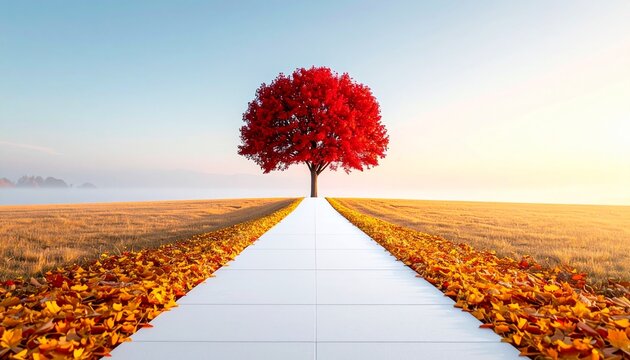 Autumn path leading toward a bright red tree
