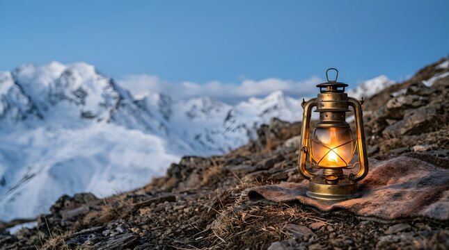 Vintage oil lantern glowing on a mountain ridge during a winter hike