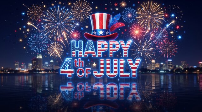 Happy 4th of july text display with uncle sam hat and vibrant fireworks over a dark night sky