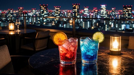 Fototapeta premium Colorful cocktails on a table at a rooftop bar overlooking a city at night. Drinks served with fruit slices and ice. Urban skyline glow with bokeh lights.