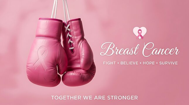 Pink boxing gloves with breast cancer awareness ribbon symbol on a pink background, representing the fight against breast cancer