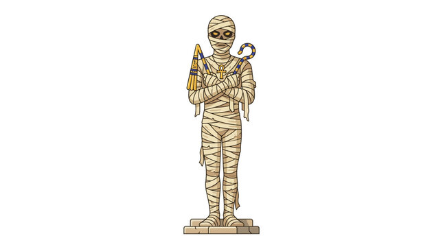 Ancient Egyptian Mummy Vector Illustrations. Beetle Scarab and Flail Statues. Sandstone Texture, Archaeological Artefact and Tomb Keeper. Halloween Concept.