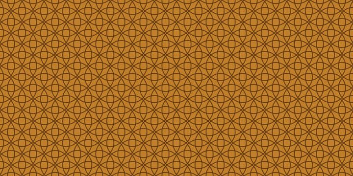 Seamless geometric pattern featuring thin brown intersecting circles and lines on a warm brown background, for textile or, wallpaper usage