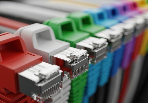 Closeup of a row of colorful ethernet network cables with rj45 connectors, representing technology and connectivity