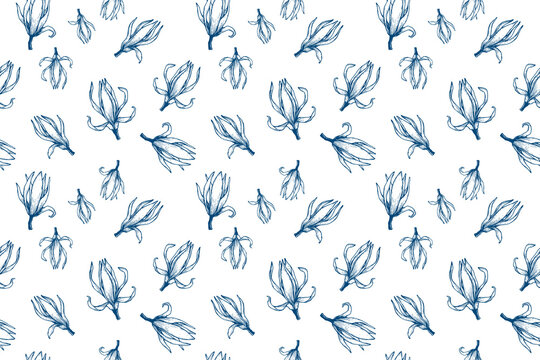 Seamless pattern of hand drawn blue white champaca flower line art illustration, vintage sketch art pattern for textile fabric, wallpaper design, branding, print, stationery, packaging 