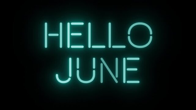 Cozy Cyan Neon Sign 'HELLO JUNE' with Continuous Loop on Transparent Alpha, Great for Summer Seasonal Transition Ads