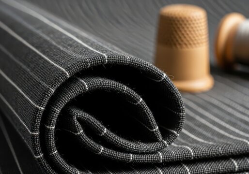 Closeup of dark pinstripe fabric rolled up, with a wooden thimble and spool of thread in the background