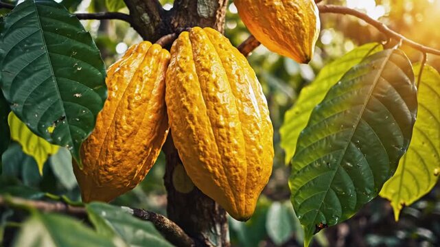 Yellow cocoa pods growing on tree in tropical plantation