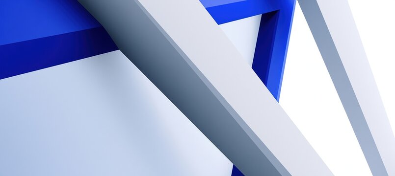 Interlocking geometric supports in cobalt and cool gray with wide negative space