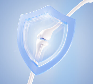 3d anatomical knee joint protect transparent blue glass shield icon for pharmacy vitamin packaging design. Bone health and care, medical support, cartilage protection, active wellness. 3D illustration