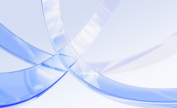 Transparent blue glass ribbons, curved lines 3D pattern. Abstract render background for high tech presentation, corporate design, digital technology, medical banner, wallpaper screen. 3D illustration